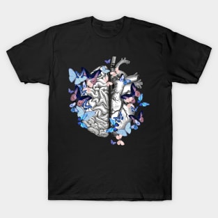 Cute blue butterflies for head and heart, half brain half heart, vintage watercolor T-Shirt